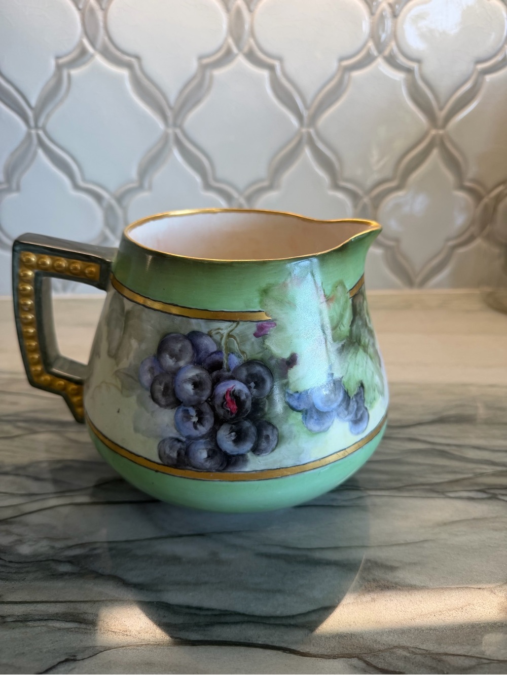 Antique Hohenzollern China Germany Hand Painted Grape Pitcher Gold Gilt c1910